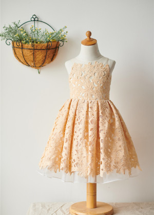 Illusion Neck Peach Lace Organza Knee Length Flower Girl Dress